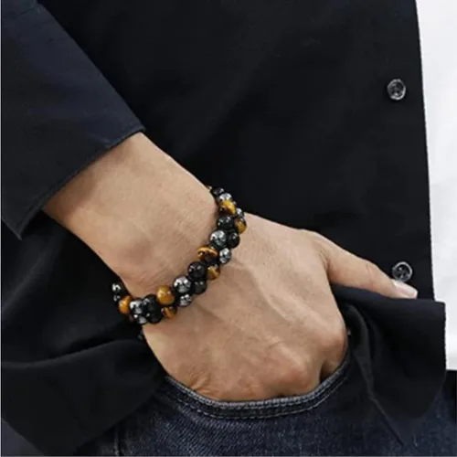 Vista 4 de Treatment Crystal Tiger Eye Black Obsidian Hematite 8 Mm Stone Beads Good Luck Triple Protection Bracelet For Men Ladies