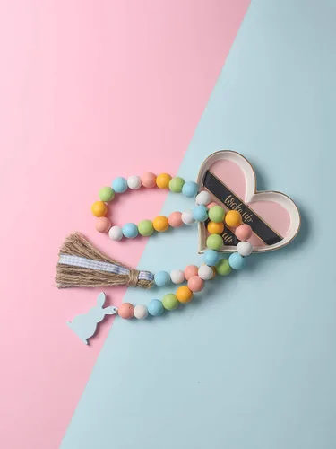 Vista 6 de Guirnalda de cuentas de madera de Pascua con borlas y etiqueta de conejo, cuentas de madera de estilo granja para decoraciones de bandeja