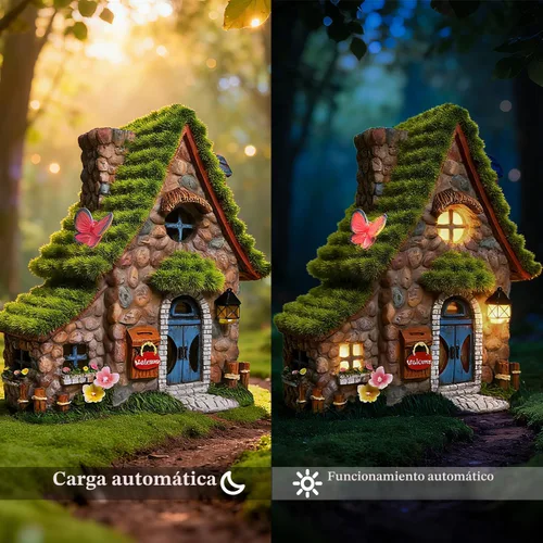 Vista 8 de Estatuas de casa de hadas de resina ASAWASA con luces solares, esculturas de jardín divertidas con decoración flocada y adoquinada, exquisitas