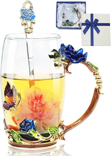 Vista 9 de Taza de té con flores, taza de café de vidrio con mariposa y margarita, con cuchara, caja de regalo para su mamá, esposa, abuela, niñas, amigas