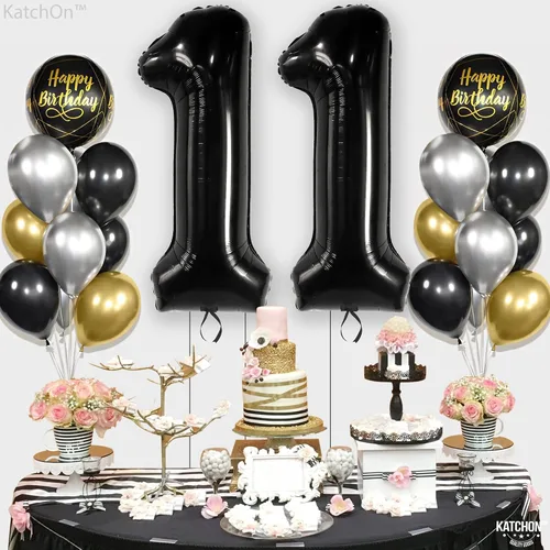 Vista 4 de KatchOn, Globo negro gigante del número 11 de 40 pulgadas, globos negros 11 para decoraciones de cumpleaños de 11 años para niños, globos negros