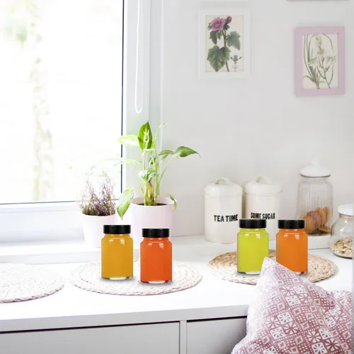 Vista 7 de Botellas pequeñas de vidrio transparente de 2 onzas con tapas, 12 botellas de boca ancha con tapas para chupitos de jengibre, jugo, poción