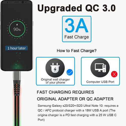 Vista 4 de Cable de carga LED USB C, cable de carga rápida tipo C de 6 pies con iluminación 3A con sincronización de datos, compatible con Samsung, Moto, LG