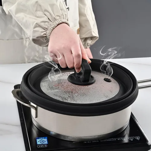 Vista 7 de Tapa protectora de salpicaduras de vidrio ventilado para microondas, con silicona plegable para alimentos como placa de cubierta de olla de 10.8