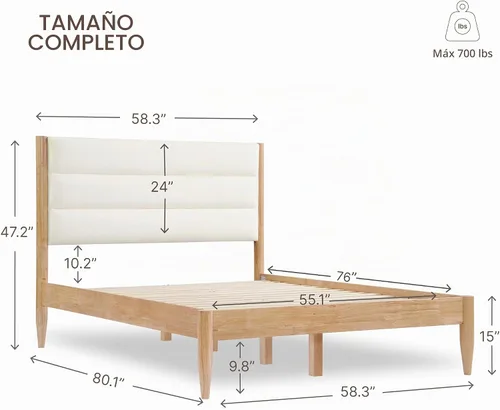 Vista 2 de KISLOT Marco de cama de madera con cabecero tapizado, base de plataforma para colchón, soporte de listones de madera resistente, no necesita somier