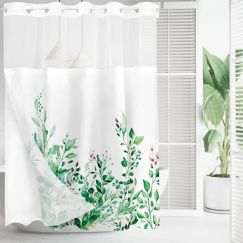 Vista 109 de Tititex - Juego de cortinas de ducha de eucalipto negro, hojas de acuarela gris en la parte superior, con decoración floral de baño, 60 x 72