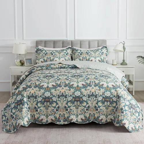 Vista 44 de Juego de cama de dos piezas, tamaño individual, de microfibra, reversible, de retazos, estilo floral, todas las estaciones, patrón de porcelana azul