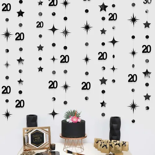 Vista 3 de Decoraciones negras de 20 cumpleaños número 20 círculo estrella metálica colgante serpentina telón de fondo para mujeres y hombres saludos a 20 años