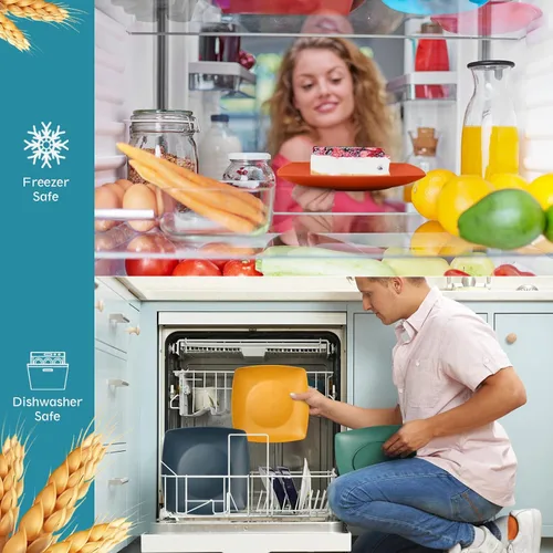 Vista 4 de Teivio Juego de vajilla cuadrada de paja de trigo de plástico de 32 piezas para 8, platos de cena irrompibles, platos de ensalada, cuencos de Otoño