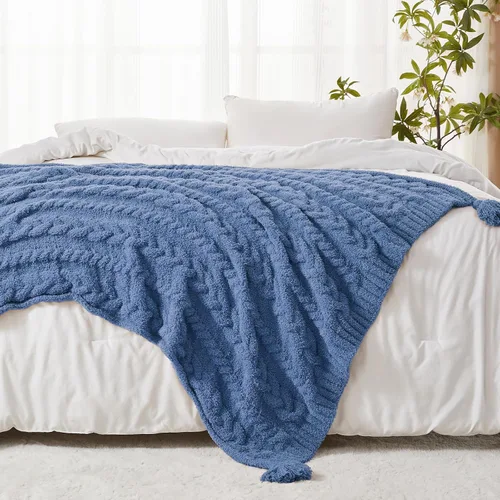 Vista 5 de HORIMOTE HOME Manta de felpilla de punto grueso para sofá con borlas, manta suave y acogedora para sofá, silla y cama, color azul, 50 x 60 pulgadas