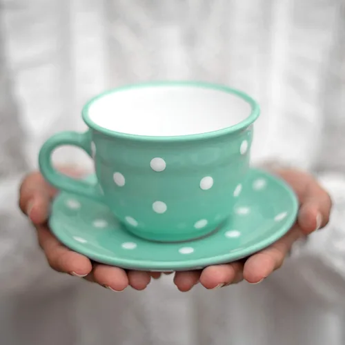Vista 20 de City to Cottage Taza y platillo de café capuchino de cerámica grande de lunares blancos y negros hechos a mano de 12 oz/11.8 fl oz, cerámica