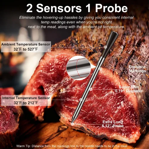 Vista 3 de Termómetro inalámbrico digital para carne con alcance remoto de 800 pies, termómetro inalámbrico Bluetooth 5.3 para cocinar con temperatura ambiente
