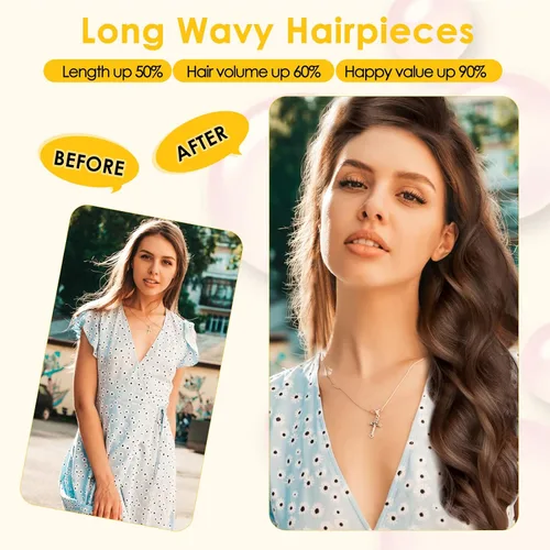 Vista 5 de Extensiones de cabello con alambre invisible con alambre transparente, tamaño ajustable, 3 clips de seguridad, largo, ondulado, sintético, postizo