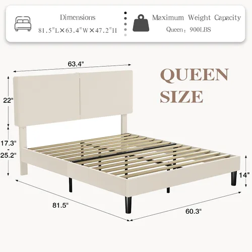 Vista 2 de VECELO Base de cama Queen con puertos tipo C y USB, plataforma tapizada de algodón y lino ajustable en altura ajustable, no necesita somier, sin