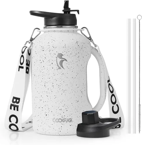 Vista 11 de Coolflask - Botella de agua aislada de 64 onzas, jarra de agua de medio galón con asa, popote de acero inoxidable, doble pared, de metal al vacío