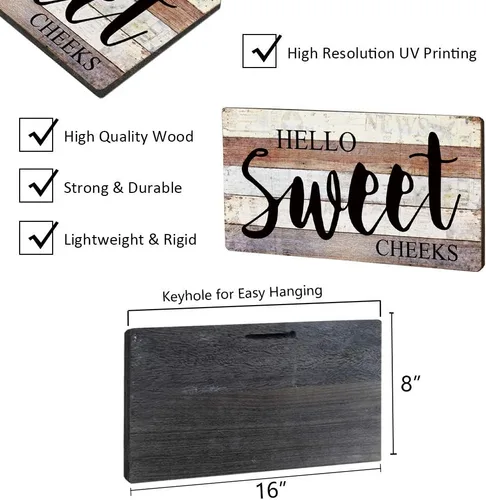 Vista 7 de Letreros divertidos para decoración de baño, letrero de madera con texto en inglés «Hello Sweet Cheeks», 16 x 8 pulgadas