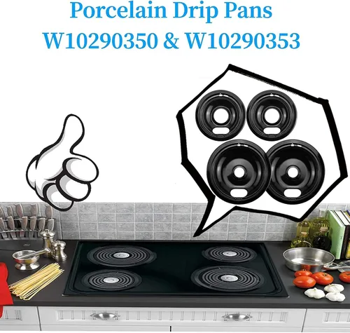 Vista 7 de APPLIANCEMATES W10290350 W10290353 - Juego de sartenes de goteo de porcelana para quemador Whirlpool, cuencos de goteo para estufas eléctricas, 4