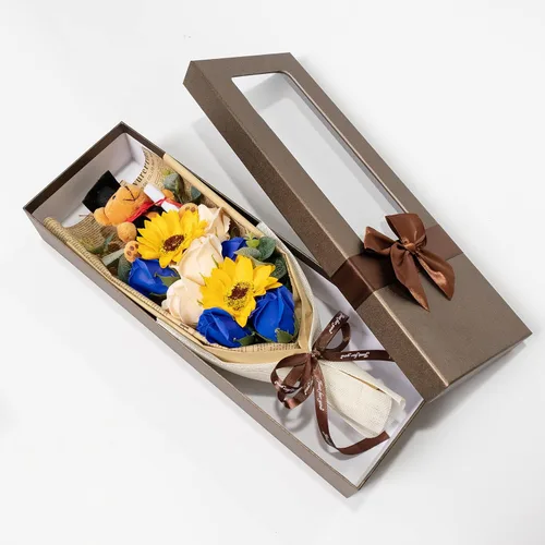 Vista 6 de Ansuma Ramo de flores de jabón perfumado de girasol rosa de graduación de 13 pulgadas, mini oso de peluche con tapa de graduación, arreglos Azul