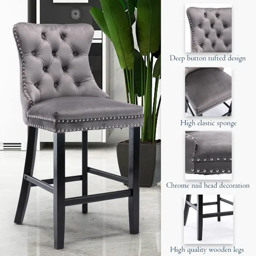 Vista 269 de SoarFlash Juego de 2 taburetes de bar tapizados de terciopelo moderno con patas de madera, botones acolchados, cabeza de clavo cromada, asiento