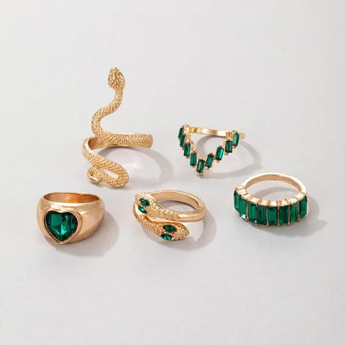 Vista 2 de Anillos de serpiente de cristal verde para mujeres y adolescentes, conjuntos de anillos de dedo apilables estilo bohemio, retro, anillos simples a