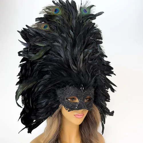 Vista 2 de Máscara veneciana de mascarada, máscara barroca de plumas Mardi Gras, máscara de plumas de carnaval Burlesque