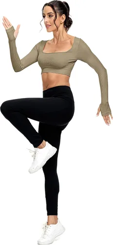 Vista 6 de Paquete de 3 camisetas cortas acanaladas sin costuras de manga larga con cuello cuadrado para mujer, entrenamiento, gimnasio, yoga