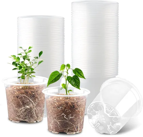 Vista 13 de RooTrimmer Paquete de 100 macetas transparentes de 2.8 pulgadas con agujeros de drenaje, macetas transparentes para semillero, macetas redondas