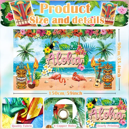 Vista 3 de Decoraciones de fiesta hawaiana Luau (161 unidades), suministros tropicales de verano para fiesta en la playa y piscina, incluyendo telón de fondo