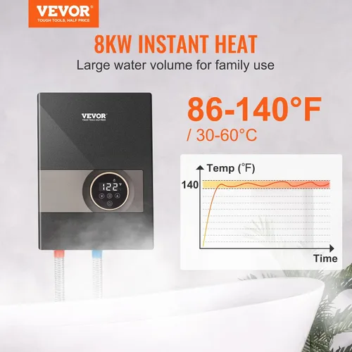 Vista 2 de VEVOR Calentador de Agua Eléctrico Sin Depósito, Calentador de Agua Caliente Instantáneo de 8KW, Pantalla Digital de Temperatura y Fácil Instalación