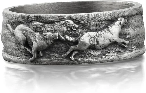 Vista 2 de BySilverStone Jewelry Wolf Family - Anillo de plata para hombre, anillo de promesa oxidado con lobo grabado para hombre, anillo de plata