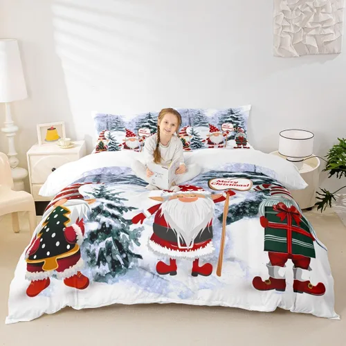 Vista 3 de Manfei Juego de funda de edredón de gnomos lindos tamaño matrimonial, funda de edredón con 2 fundas de almohada, juego de ropa de cama temática