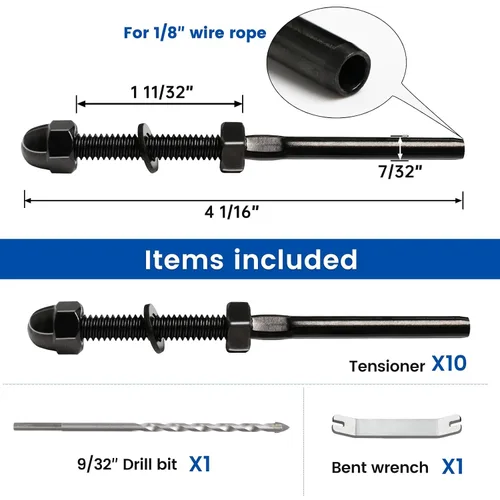 Vista 2 de Muzata Paquete de 10 accesorios de barandilla de cable negro de 1/8 pulgadas, tensor roscado a mano para poste de metal de 2 x 2 pulgadas, sistema