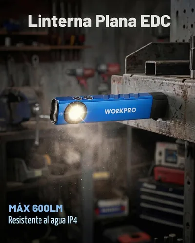 Vista 2 de WORKPRO linterna recargable de trabajo, linterna de bolsillo plana de 600 lúmenes con luz UV, base magnética y clip, linterna LED EDC delgada