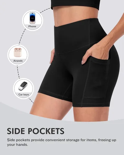 Vista 3 de CHRLEISURE - 6 paquetes de pantalones cortos de mujer estilo biker con bolsillo, pantalones cortos de elastano de control de abdomen de 5 pulgadas