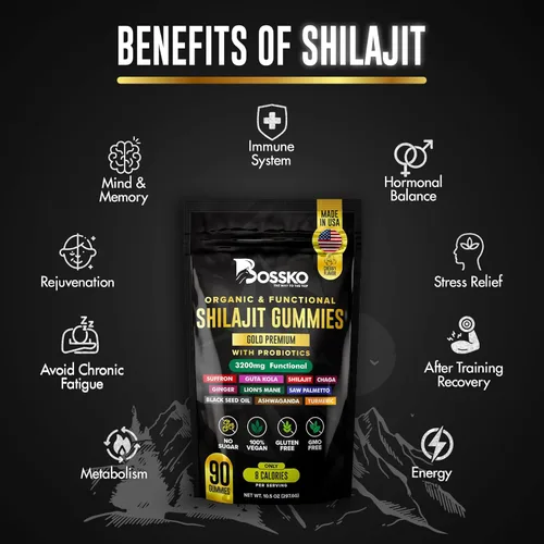 Vista 6 de Gomitas Shilajit puras del Himalaya de 3200 mg orgánicas para hombres y mujeres con probióticos y magnesio, Ashwagnadha Chaga, cúrcuma, ácido