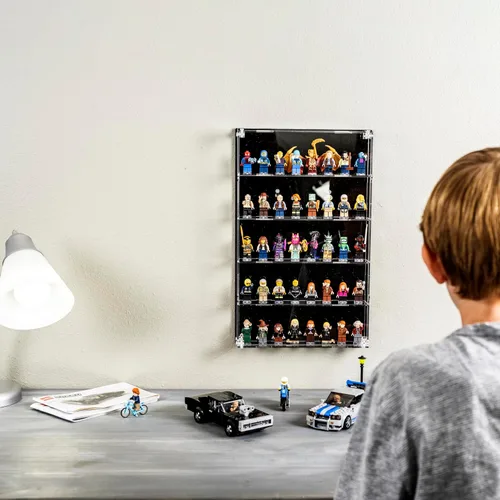 Vista 6 de Vitrina de minifiguras de acrílico, estantes de almacenamiento de figuras pequeñas de montaje en pared con fondo negro, capacidad para 40