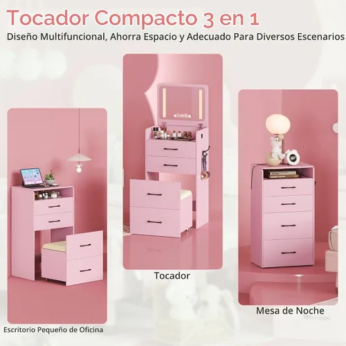 Vista 2 de HNEBC - Escritorio de tocador 3 en 1 con espejo LED con tapa abatible para dormitorio, color rosa