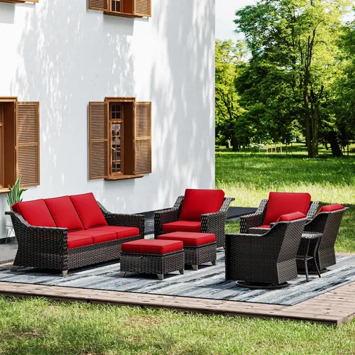 Vista 23 de Joyside Juego de 2 sillas de mimbre para patio, muebles de ratán para exteriores con reposabrazos anchos y cojines gruesos, tamaño grande mejorado