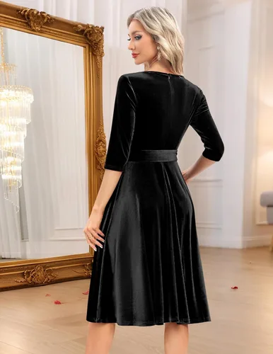 Vista 3 de Bbonlinedress Vestido de té vintage casual para mujer, vestido de cóctel, graduación, vestido de iglesia, cuello en V, mangas 34