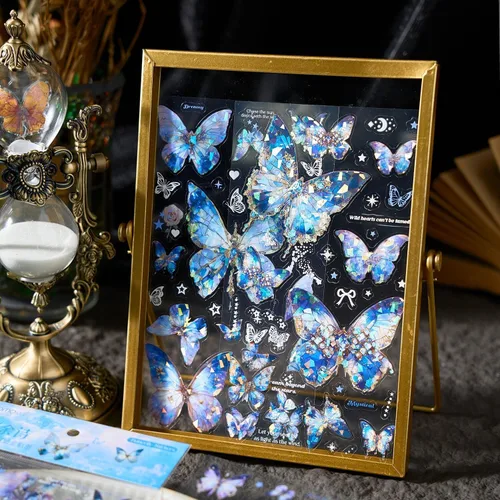Vista 2 de Calcomanías de mariposa (18 hojas/más de 500 piezas) coloridas holográficas con purpurina para PET, calcomanías transparentes para álbumes
