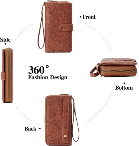 Vista 6 de SENDEFN Cartera de piel con cierre RFID para mujer, con cierre de cremallera, de gran capacidad, con correa para la muñeca, Marrón, Classic