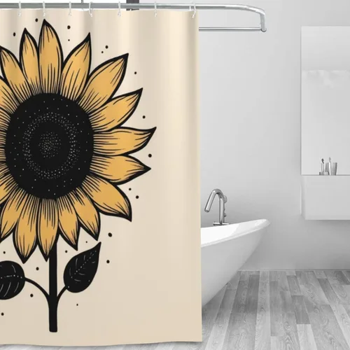 Vista 2 de YLATY2371 - Cortina de ducha con diseño de girasoles para baño, pétalos florales amarillos, hojas negras, juego de cortina de ducha bohemia, tela