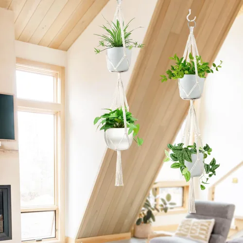 Vista 7 de Belit Paquete de 2 perchas dobles de macramé para plantas, cesta colgante de 2 niveles, cesta decorativa para macetas, cuerda para decoración