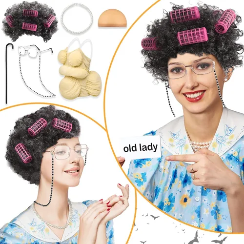 Vista 4 de Yaomiao Juego de 8 piezas de disfraz de anciana para mujer, trajes de abuela, trajes de vestido de manga corta, túnica de abuelita, peluca con muleta