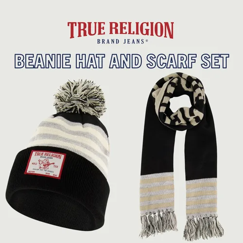 Vista 2 de True Religion - Conjunto de gorro y bufanda, gorro de punto con relleno de invierno con pompones y bufanda estilo estadio