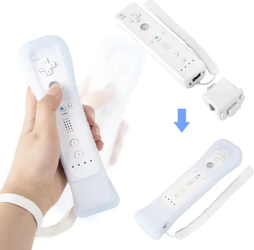 Vista 5 de Paquete de 2 adaptadores Motion Plus con funda de silicona Sensor W para control remoto Nintendo Wii, adaptador Acelerador Motion Plus (blanco)