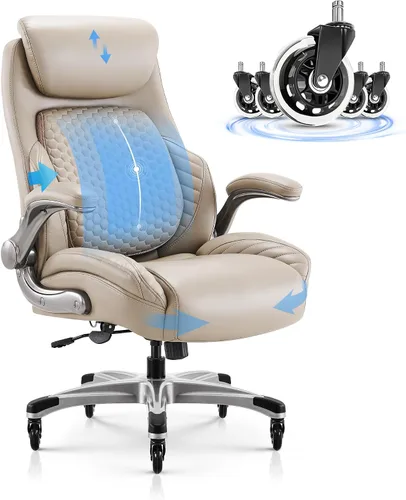 Vista 8 de COLAMY Silla de escritorio de oficina, silla ergonómica para computadora con brazos abatibles acolchados y cojín grueso, silla de oficina de cuero