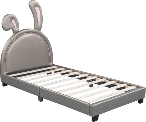 Vista 5 de Bonita cama tapizada de cuero con adorno de conejo, cama de plataforma de tamaño individual con cabecero y listones de madera, adecuada para niños