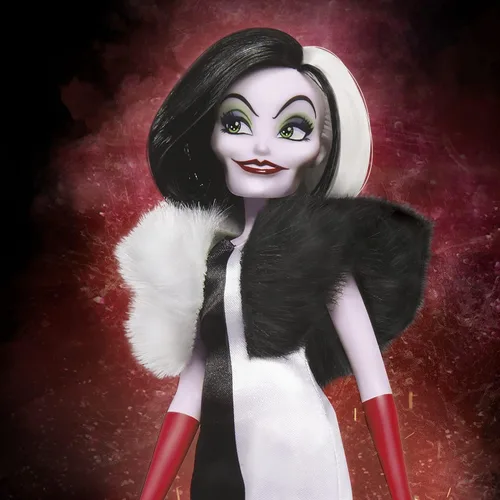 Vista 2 de Disney Muñeca de moda Princess Villains Cruella De Vil, accesorios y ropa extraíble, juguete de villanos de Disney para niños de 5 años en adelante