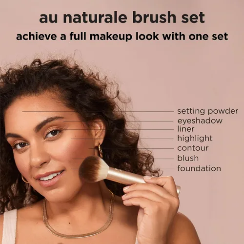 Vista 2 de Real Techniques Juego de 9 brochas de maquillaje Au Naturale para sombra de ojos líquida, crema y polvo, base, rubor, bronceador y contorno